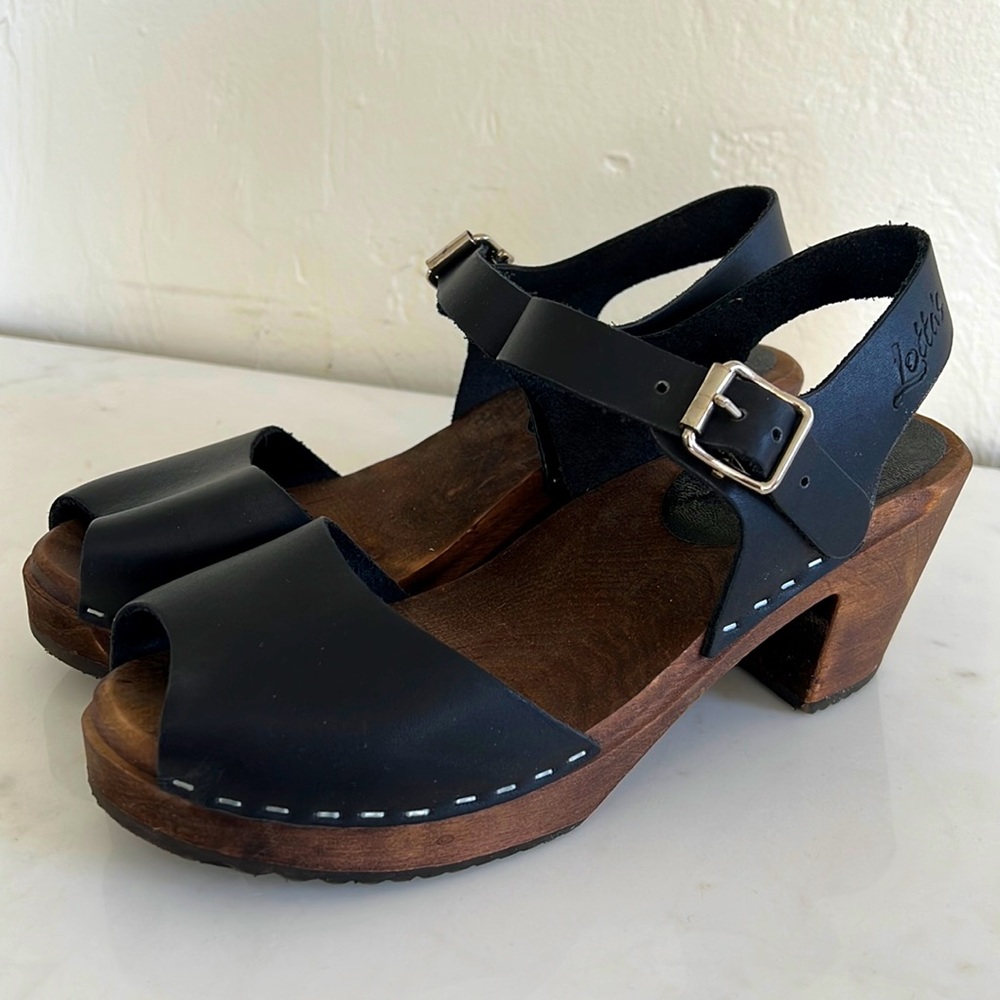 Lotta from Stockholm Highwood Clogs Open Stud Black Leather on Brown Base